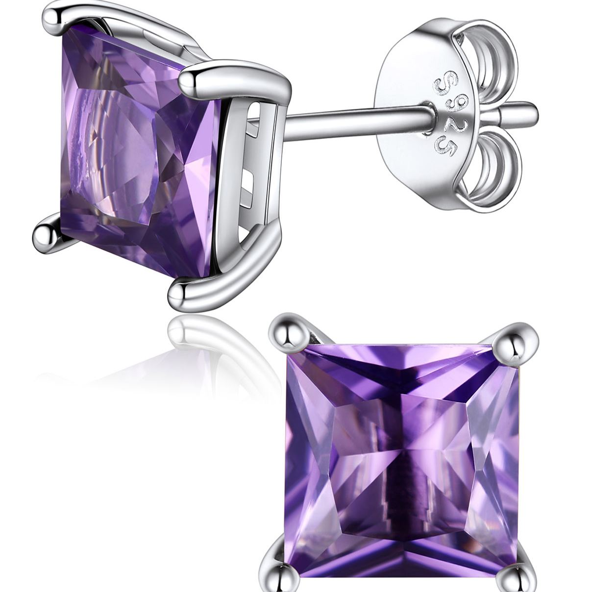 Princess Cut Birthstone Halo Stud Earrings for women, February birthstone, Amethyst Jewelry, Pisces Birthstone, Aquarius Birthstone, sterling silver Earrings, gift idea