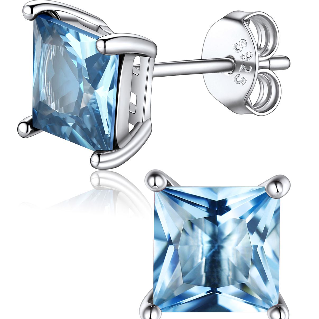 Princess Cut Birthstone Halo Stud Earrings for women, march birthstone, Aquamarine Earrings, Pisces Birthstone, Aries Birthstone, sterling silver jewelry, gift idea