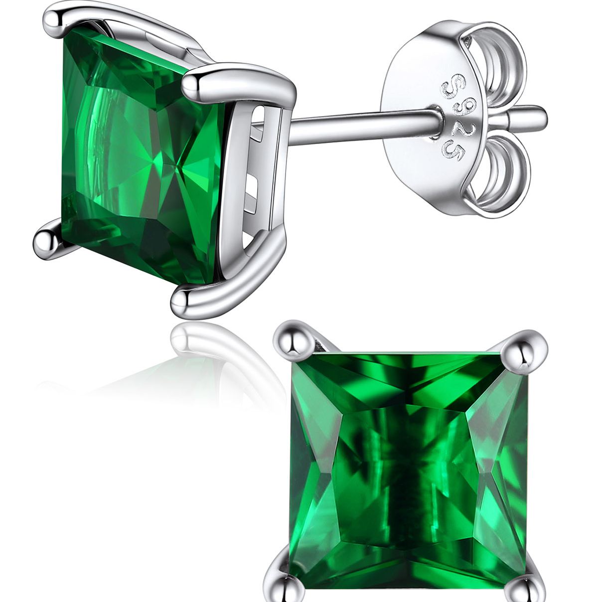 Princess Cut Birthstone Halo Stud Earrings for women, may birthstone, Emerald Earrings, Taurus Birthstone, Gemini Birthstone, sterling silver earrings, gift idea