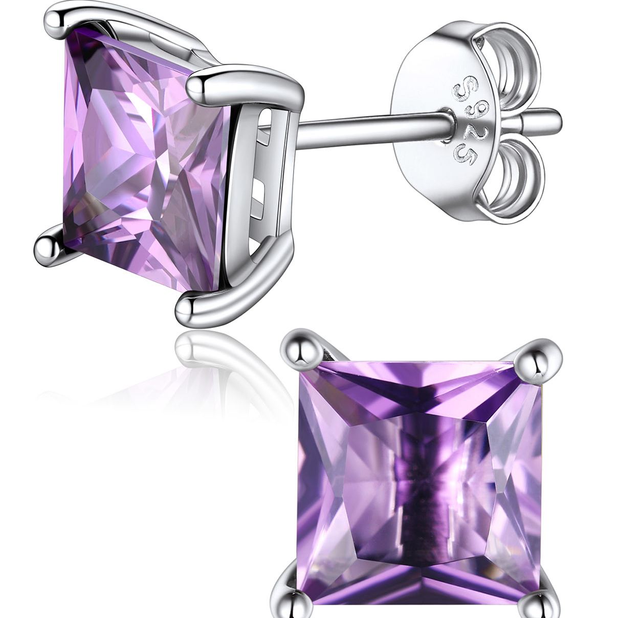 Princess Cut Birthstone Halo Stud Earrings for women,  june birthstone, Alexandrite Jewelry, Gemini Birthstone, Cancer Birthstone, birthstone jewelry, gift idea