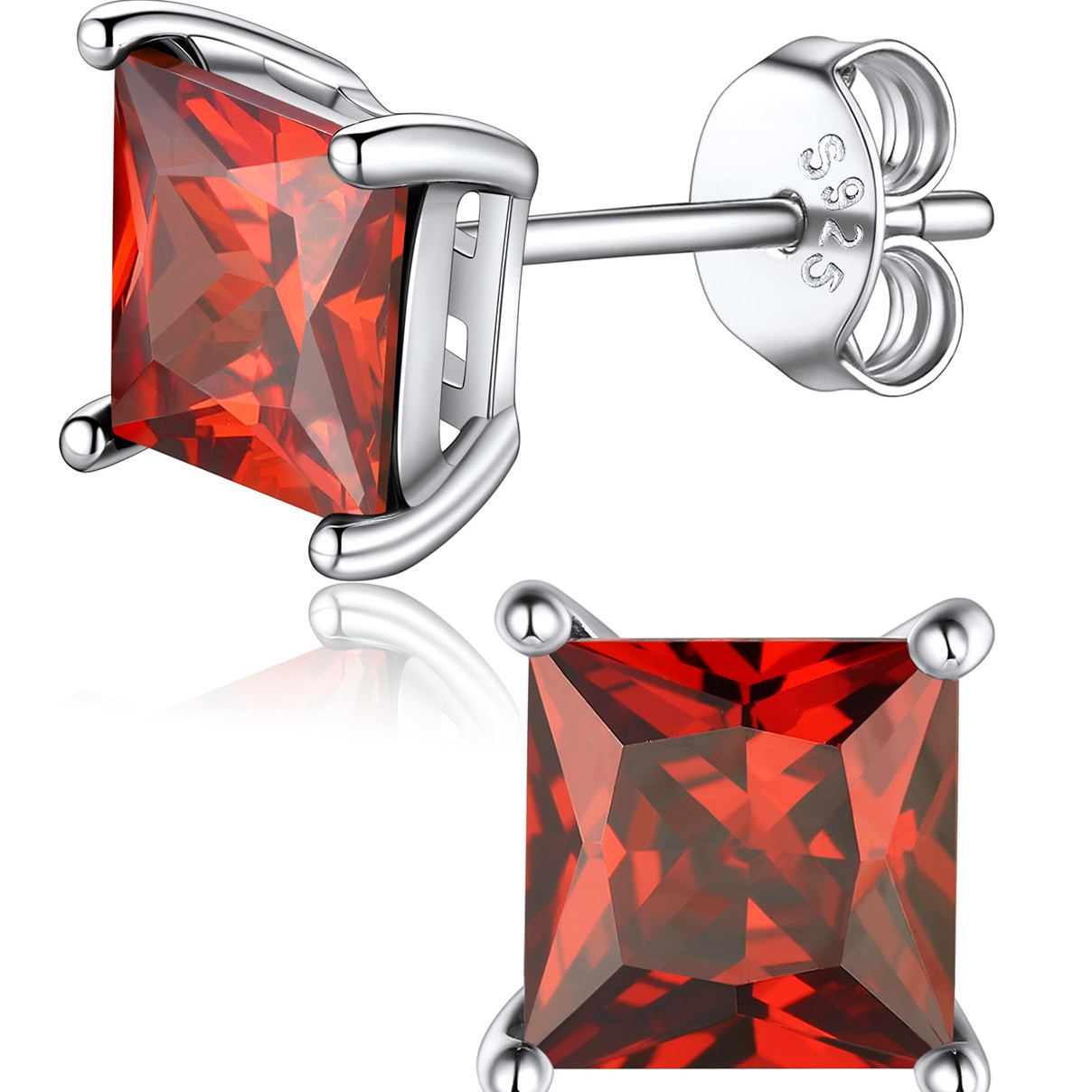 Princess Cut Birthstone Halo Stud Earrings for women,  july birthstone, Ruby Earrings, Cancer Birthstone, Leo Birthstone, sterling silver jewelry, gift idea