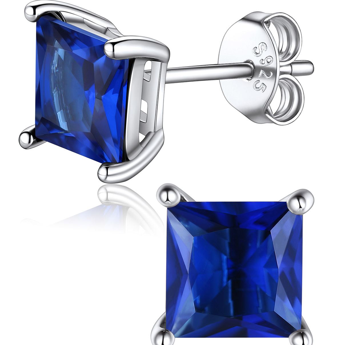 Princess Cut Birthstone Halo Stud Earrings for women, september birthstone, Sapphire Jewelry, Virgo Birthstone, Libra Birthstone, sterling silver jewlery, gift idea