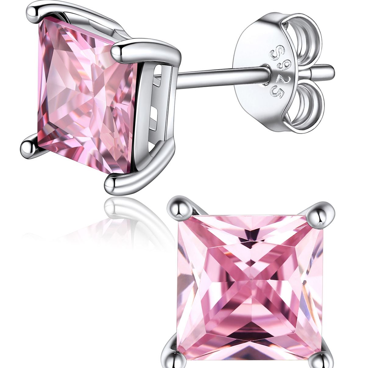 Princess Cut Birthstone Halo Stud Earrings for women, october birthstone, Pink Tourmaline Earrings, Libra Birthstone, Scorpio Birthstone, sterling silver Earrings, gift idea