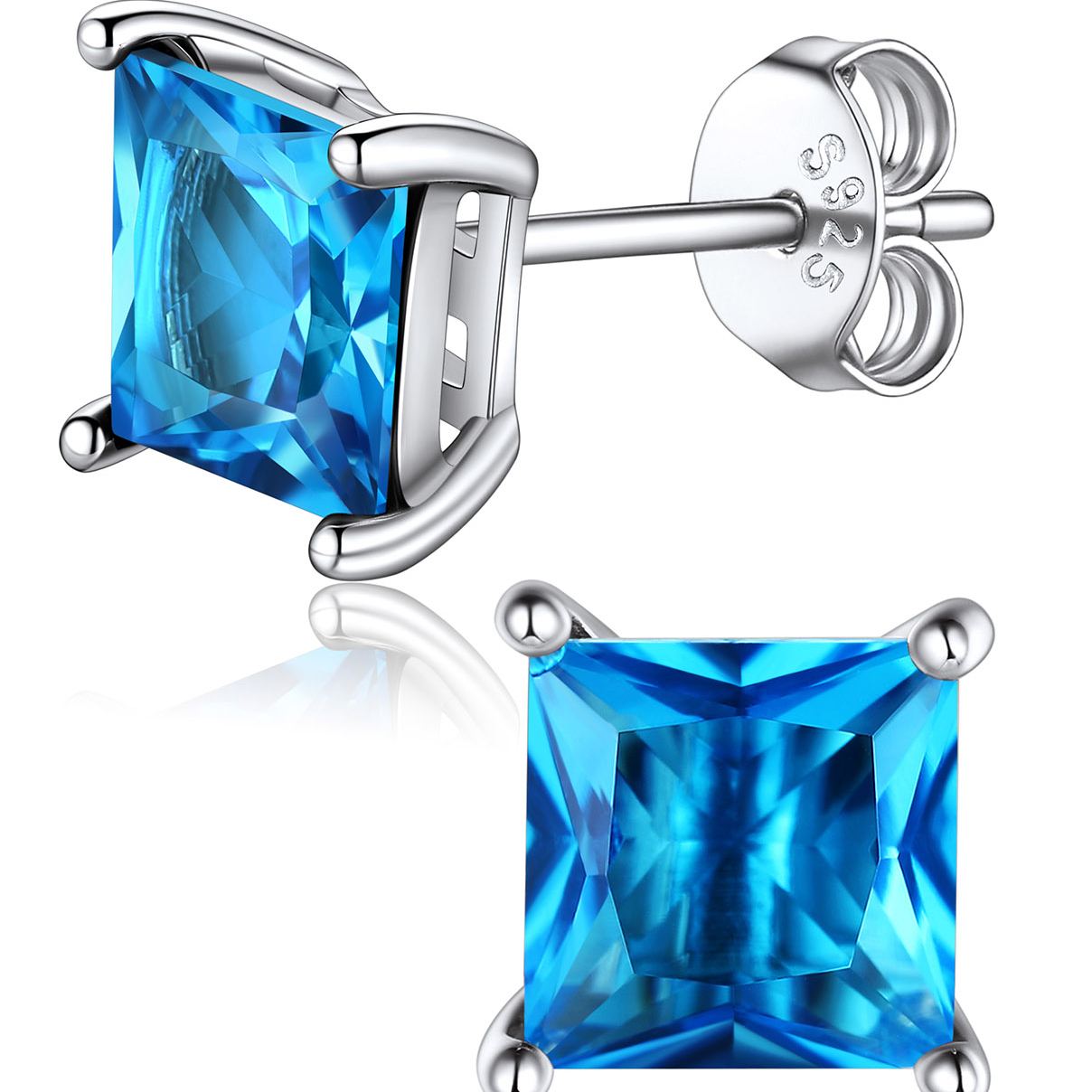 Princess Cut Birthstone Halo Stud Earrings for women, december birthstone, Blue Topaz Jewelry, Sagittarius Birthstone,  topaz birthstone, Capricorn Birthstone, christmas gift, gift idea