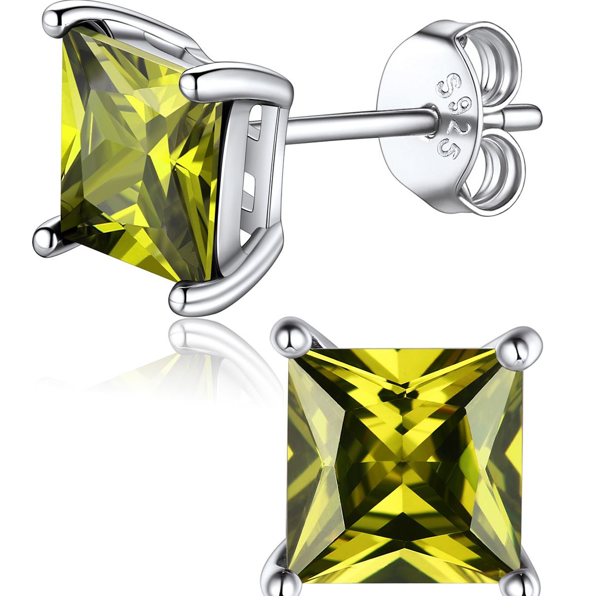 Princess Cut Birthstone Halo Stud Earrings for women, august birthstone, Peridot Earrings, Leo Birthstone, Virgo Birthstone, sterling silver jewlery, gift idea