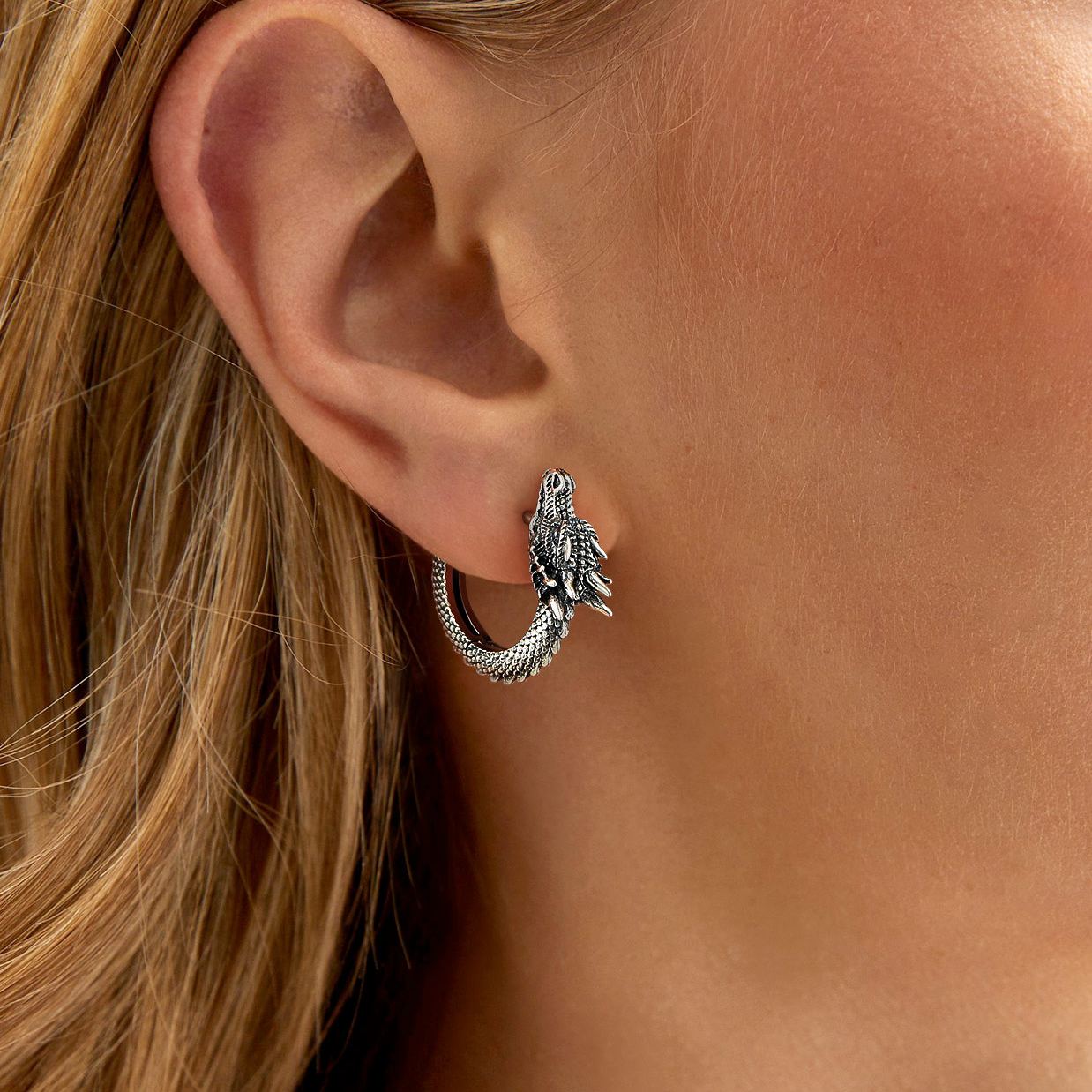 Sterling Silver Dragon Huggie Earrings for Her Men