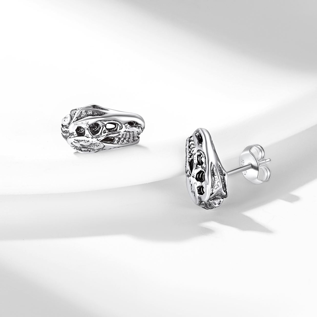 Sterling Silver 3D T-Rex Skull Stud Earrings for women