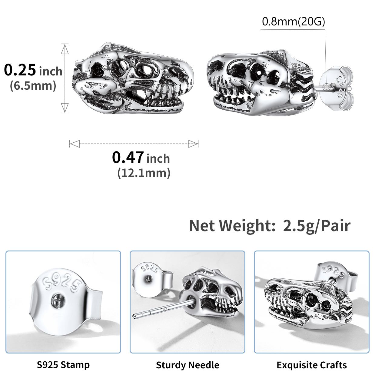 Sterling Silver 3D T-Rex Skull Stud Earrings for women