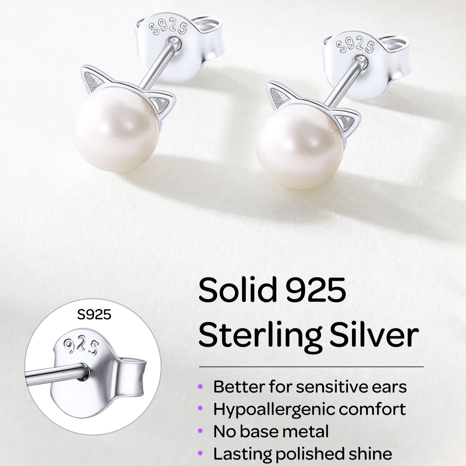 Sterling Silver Cat Earrings Pearl Stud for Her
