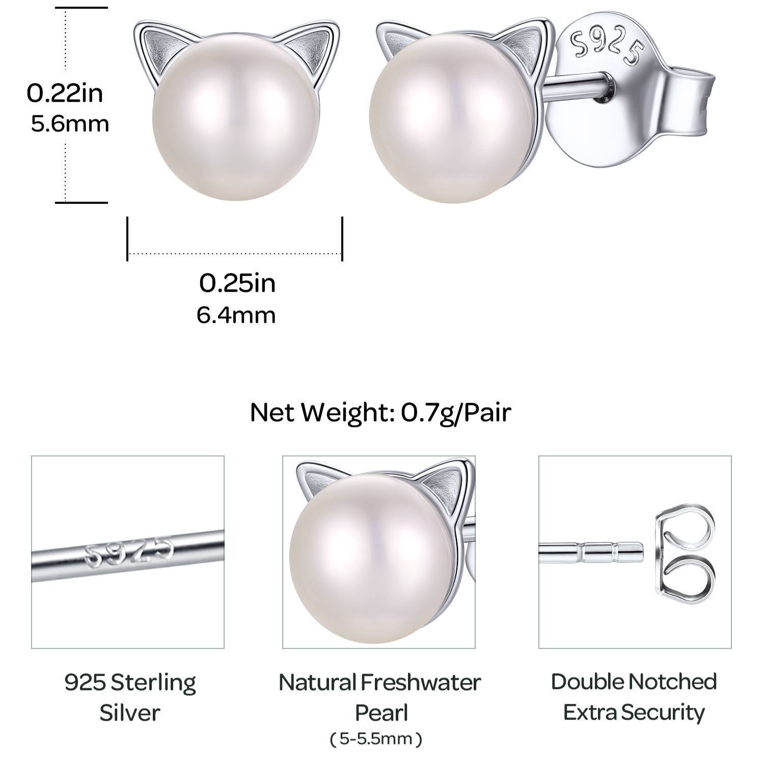 Sterling Silver Cat Earrings Pearl Stud for Her