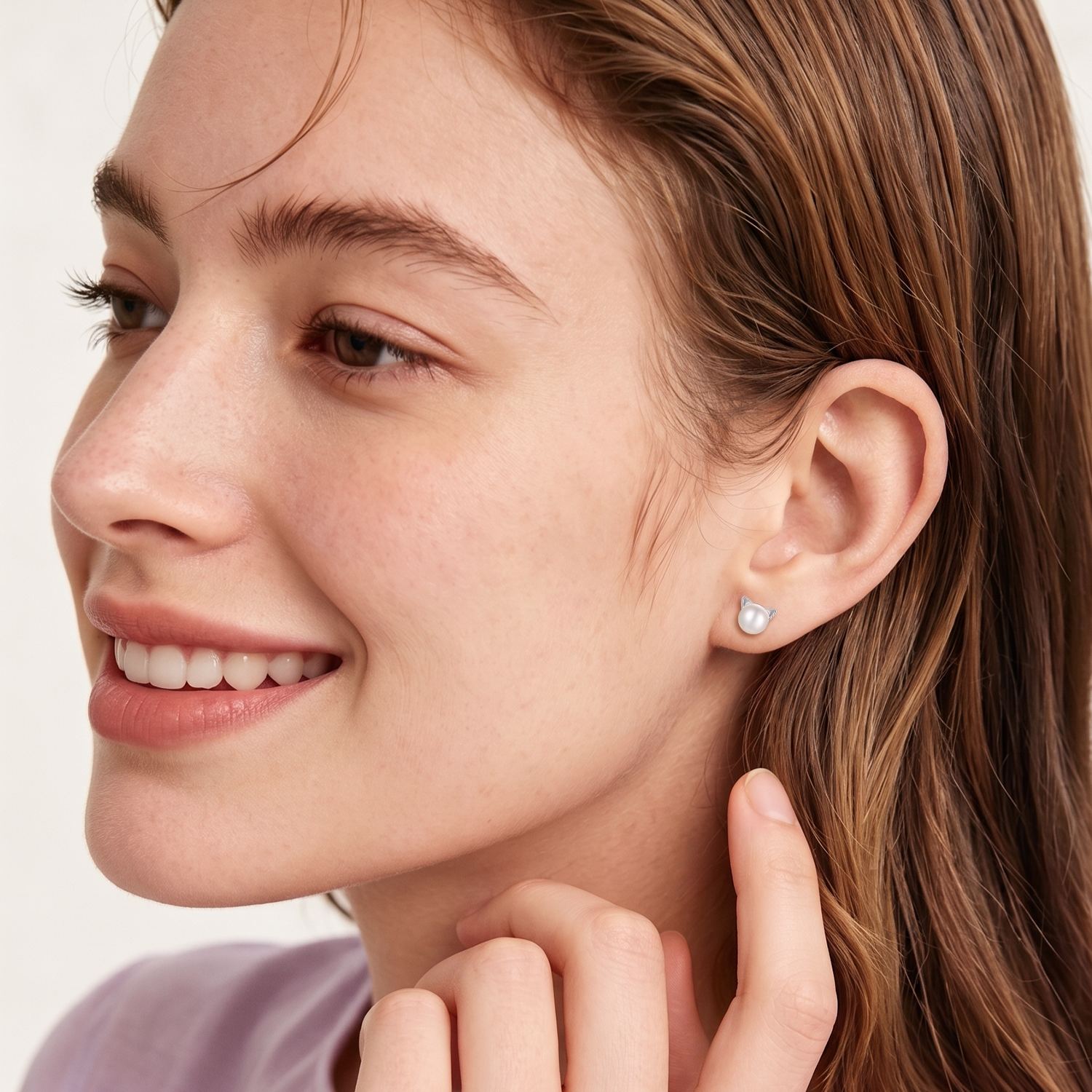 Sterling Silver Cat Earrings Pearl Stud for Her