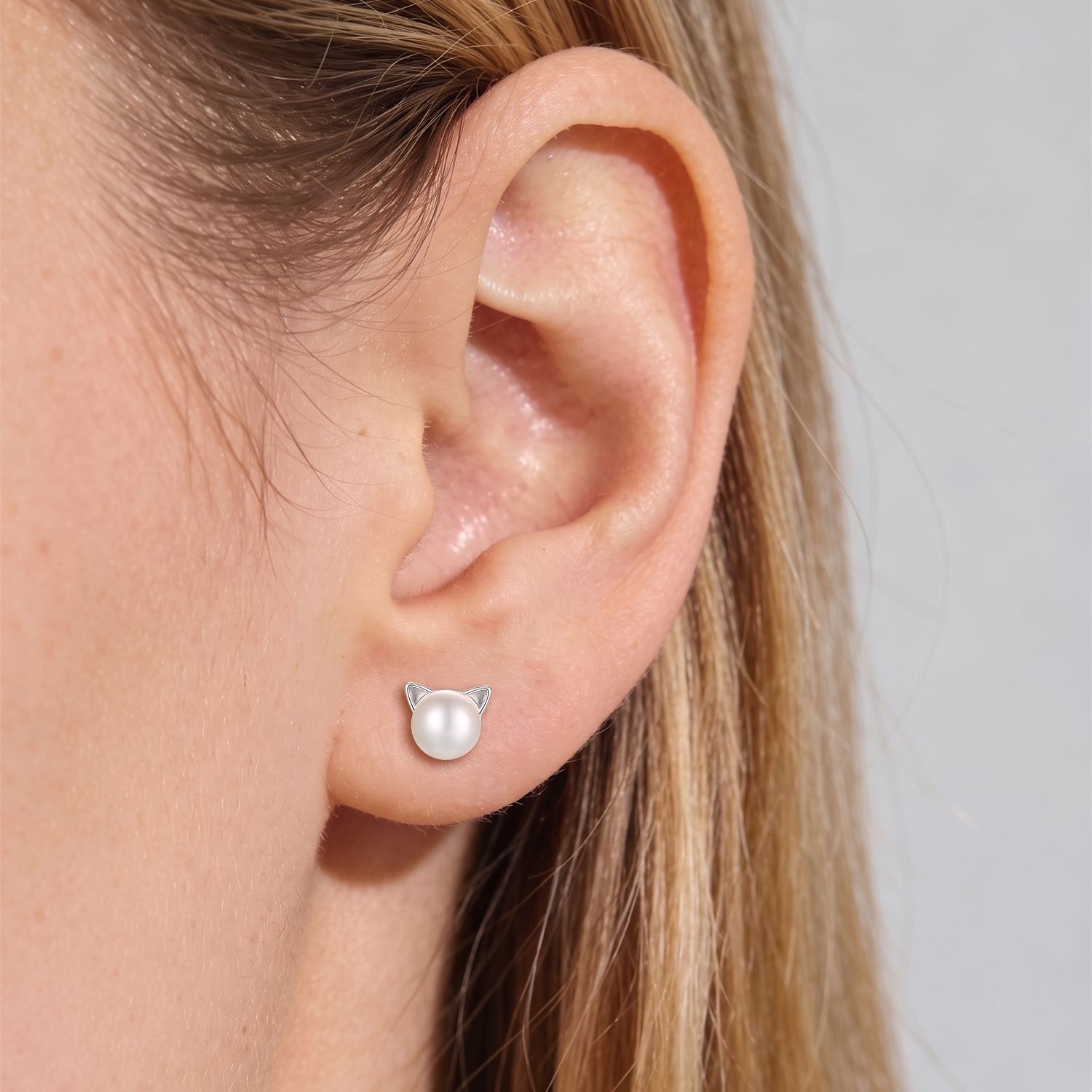 Sterling Silver Cat Earrings Pearl Stud for Her