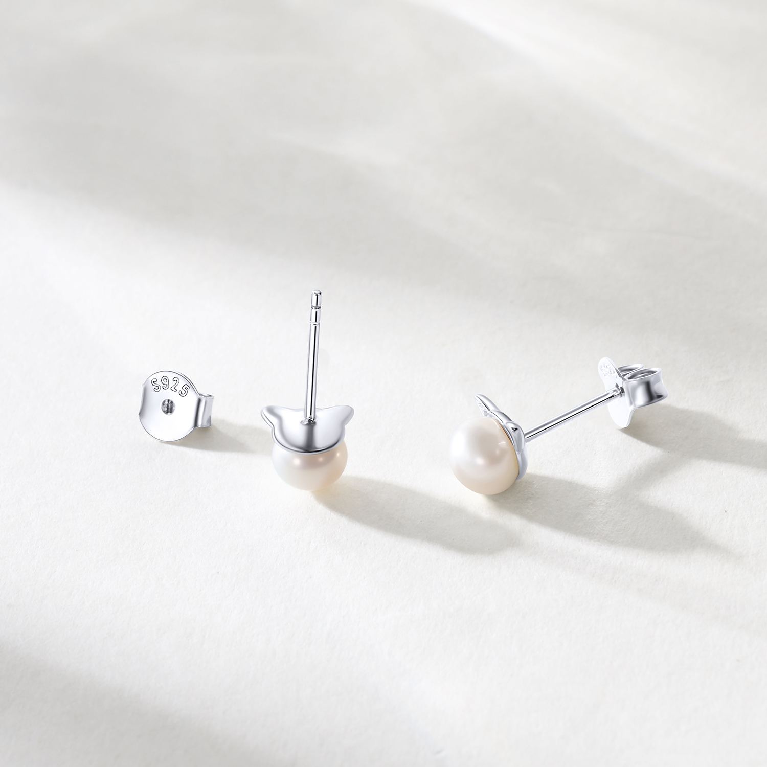 Sterling Silver Cat Earrings Pearl Stud for Her