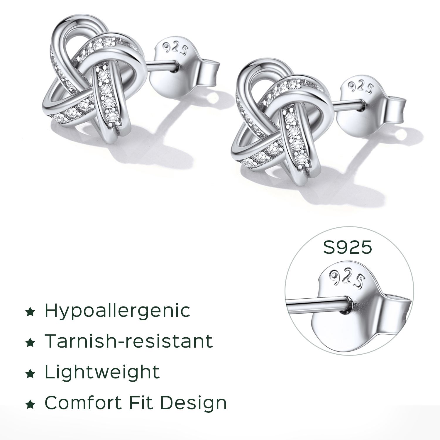 Sterling Silver Love Knot Zircon Stud Earrings for Her