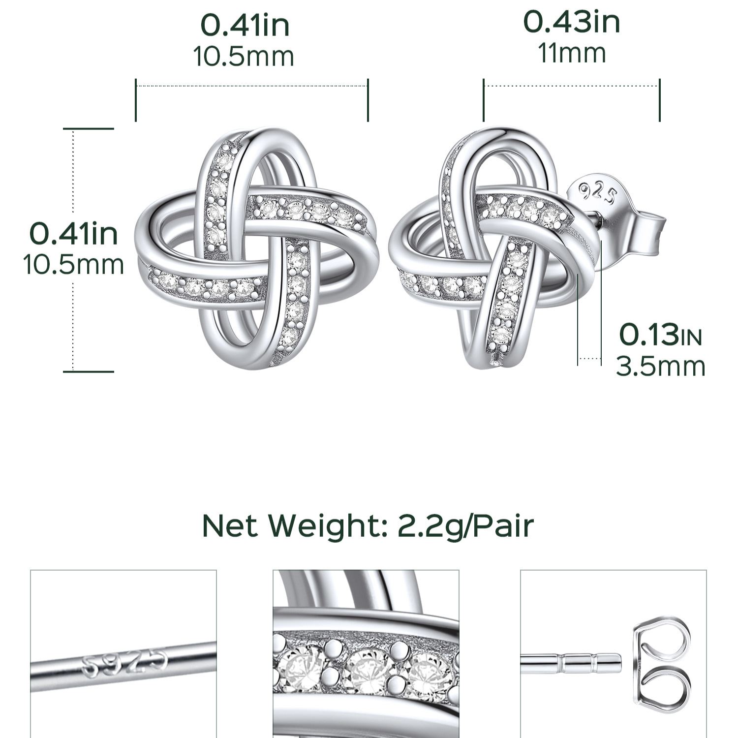 Sterling Silver Love Knot Zircon Stud Earrings for Her