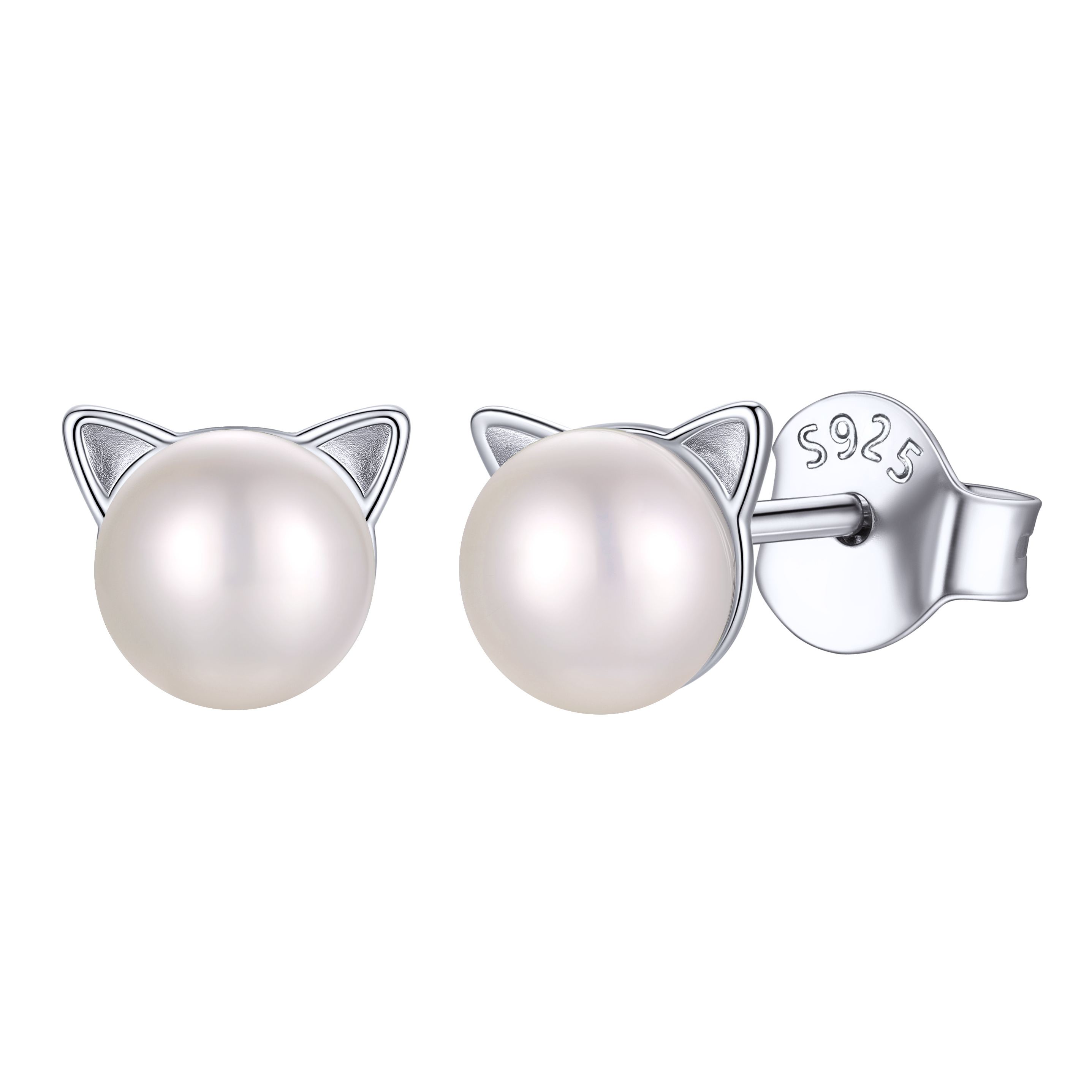 Sterling Silver Cat Earrings Pearl Stud for Her