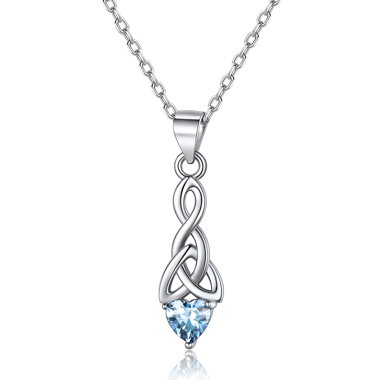 Sparkling Heart Birthstone Celtic Knot Pendant Necklace for Women, march birthstone, Aquamarine Pendant, Pisces Birthstone, Aries Birthstone, sterling silver jewelry, gift idea