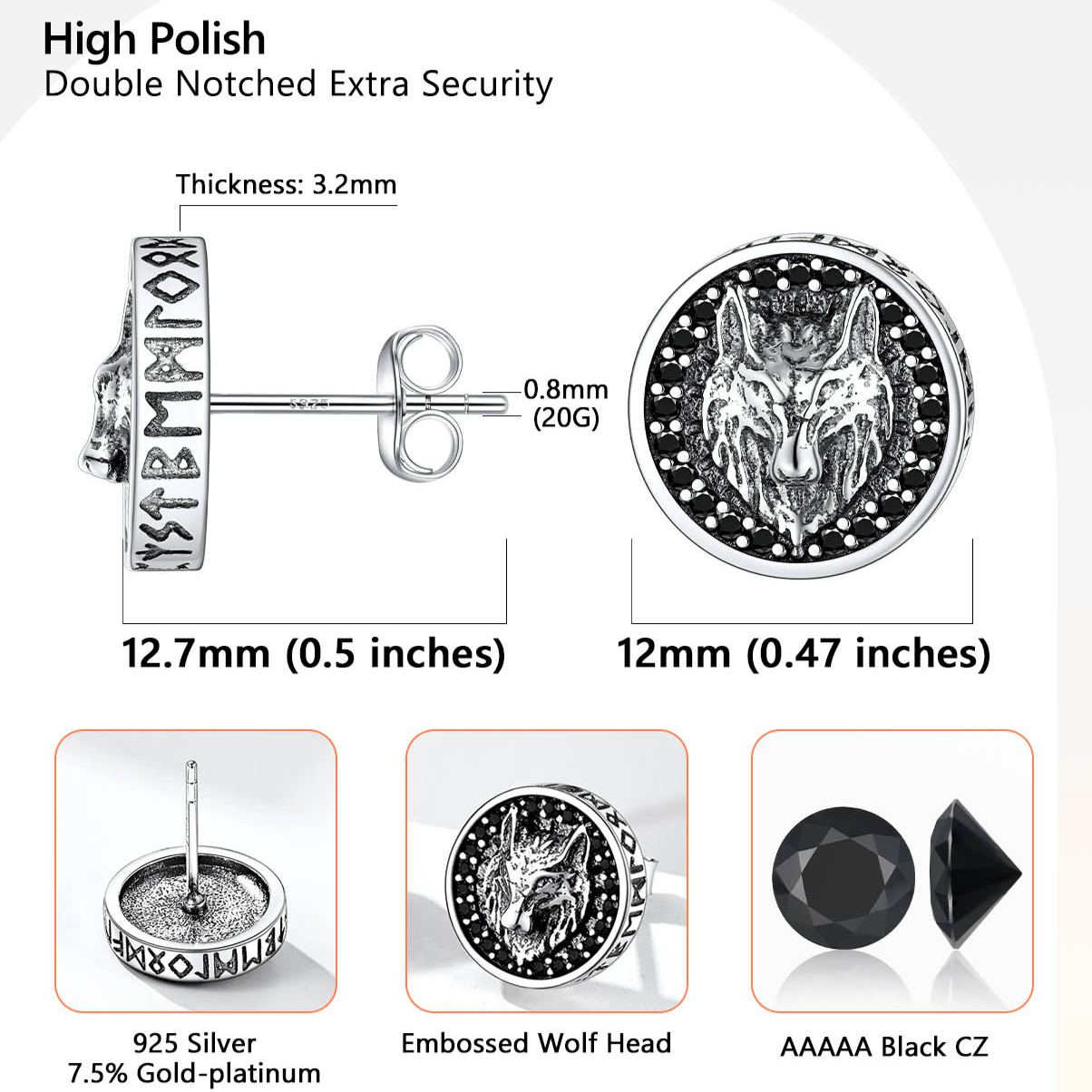Sterling Silver Wolf Rune Earrings Viking Jewelry for Men Women