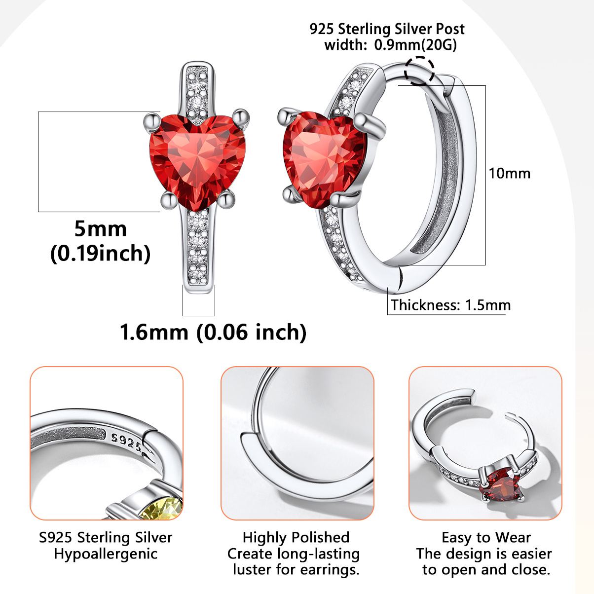 Sterling Silver Birthstone Heart Huggie Hoop Earrings For Women