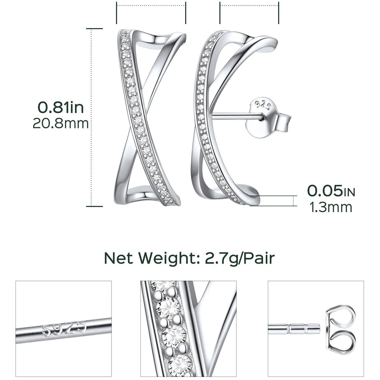 Sterling Silver  Cross X Zircon Stud Earrings for Her