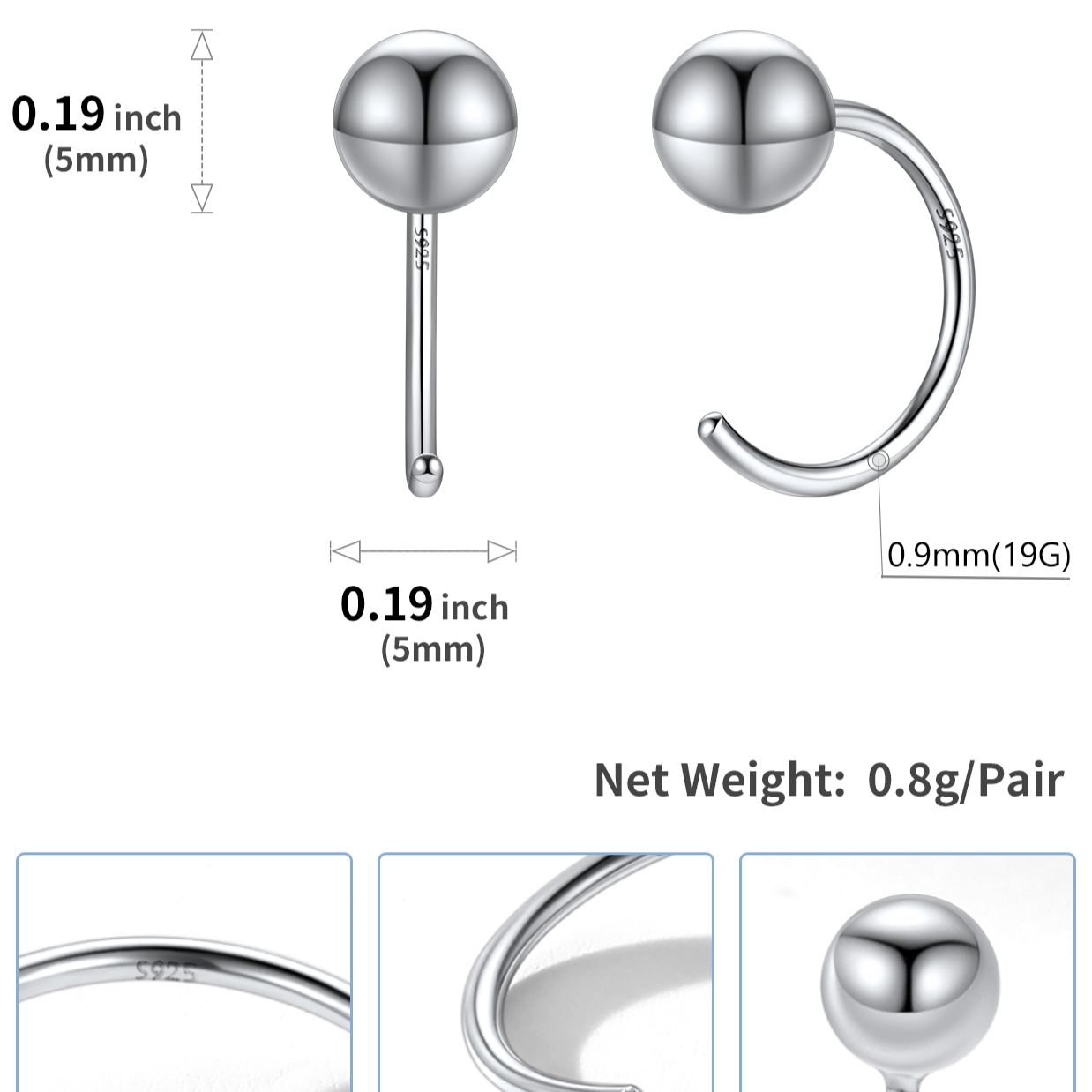 Sterling Silver 5mm Half Circle Huggie Earrings for Women