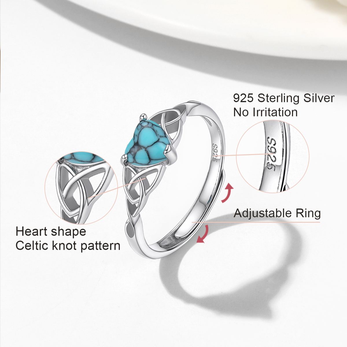 Sterling Silver Celtic Knot Turquoise Adjustable Ring For Her