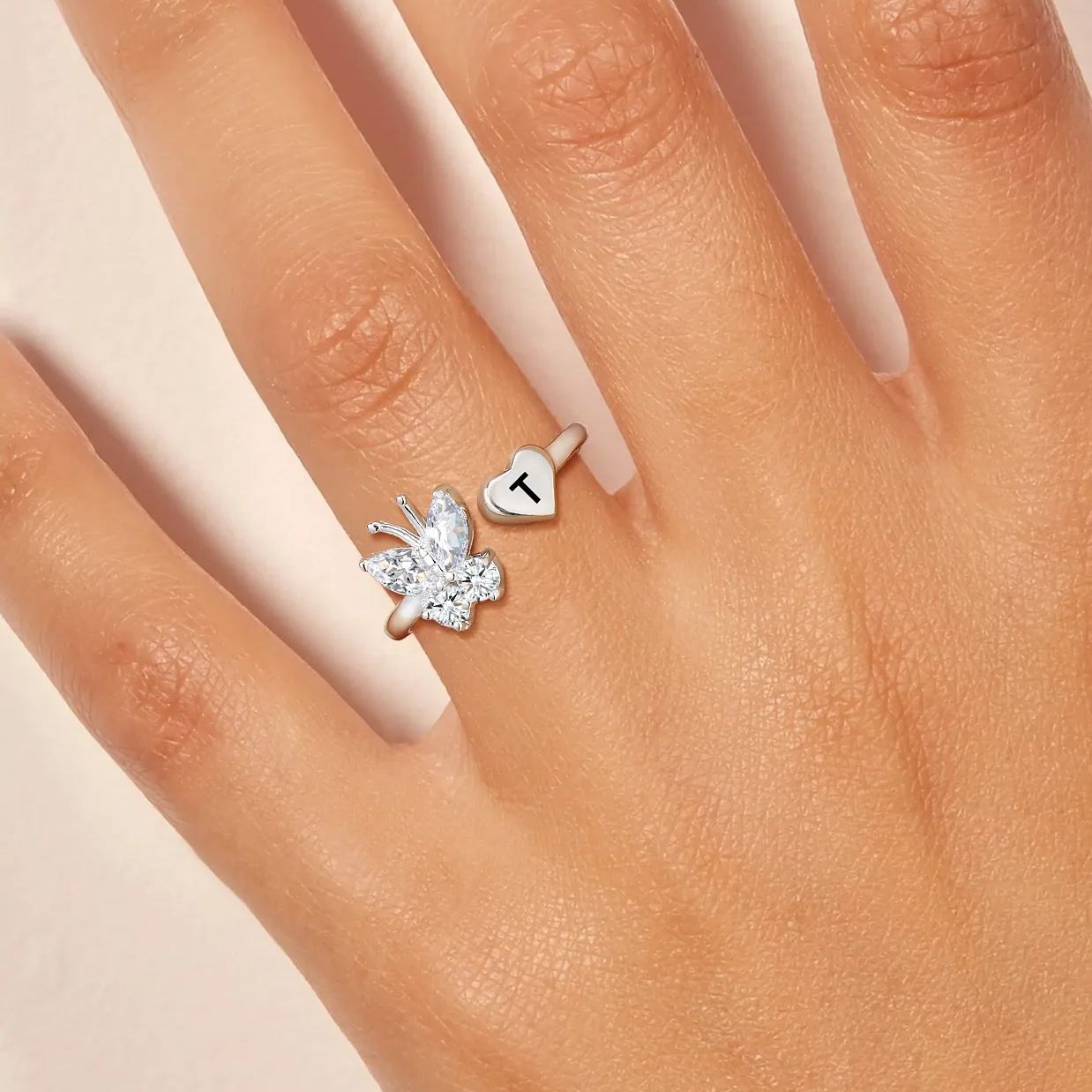 Customize Personalized Sterling Silver Butterfly Heart Initial Adjustable Ring For Her