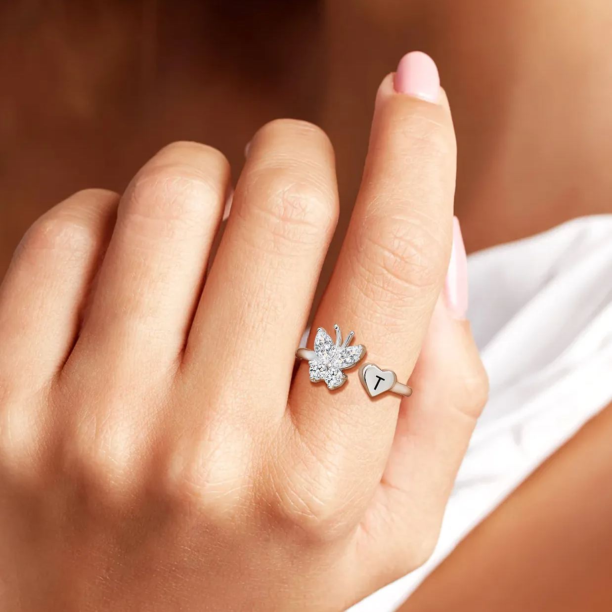 Customize Personalized Sterling Silver Butterfly Heart Initial Adjustable Ring For Her