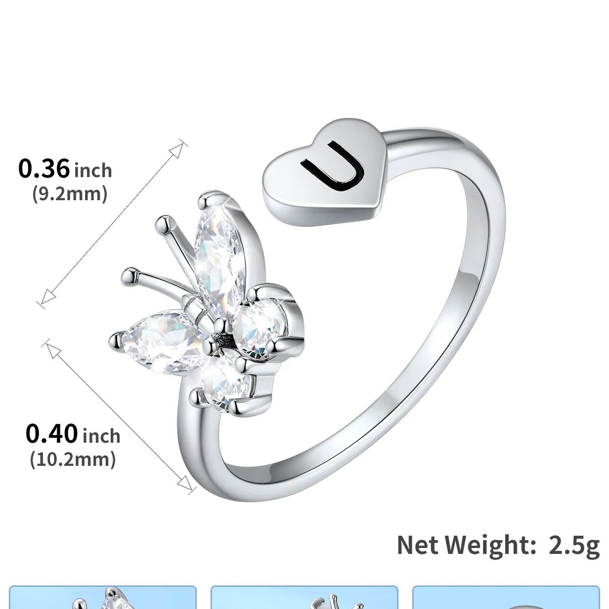 Customize Personalized Sterling Silver Butterfly Heart Initial Adjustable Ring For Her