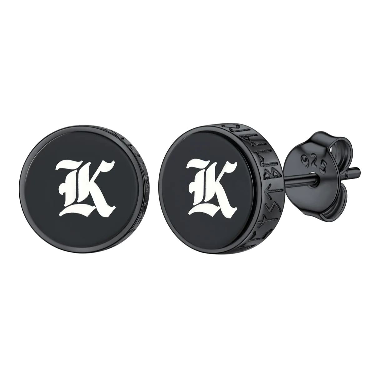 Black Onyx with Viking Rune Engrave Stud Earrings for Men