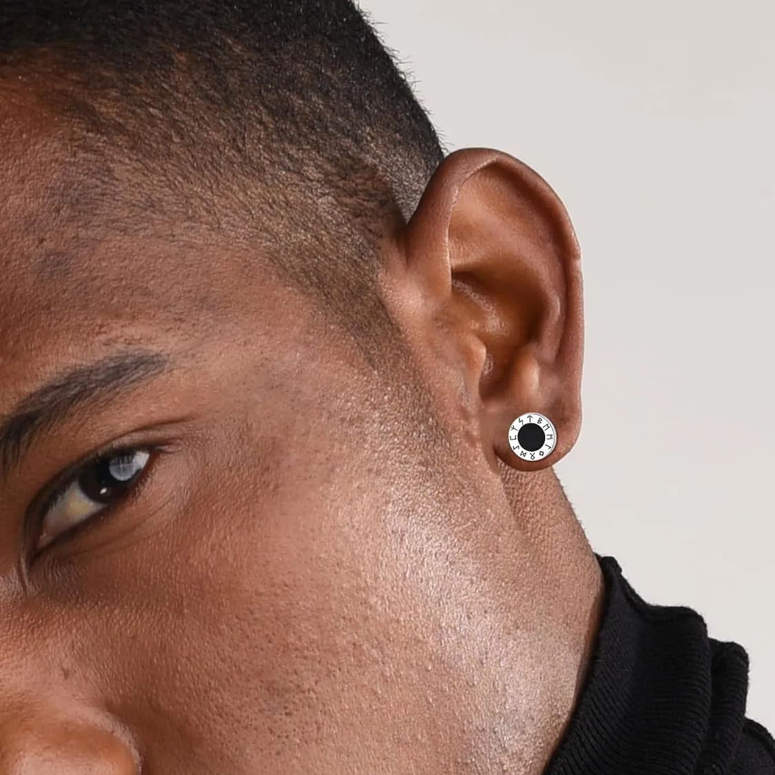 Viking Front Rune Outer Ring Black Onyx Stud Earrings for Men