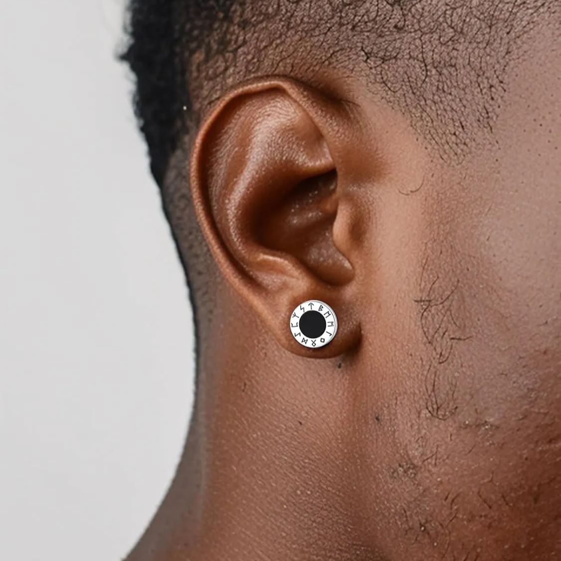 Viking Front Rune Outer Ring Black Onyx Stud Earrings for Men