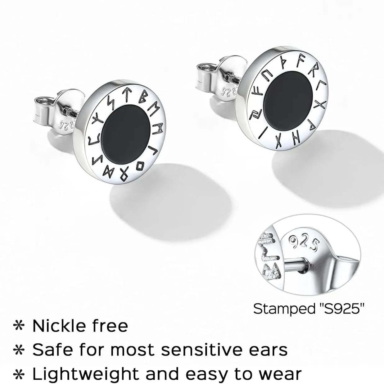 Sterling Silver Viking Front Rune Outer Ring Black Onyx Stud Earrings