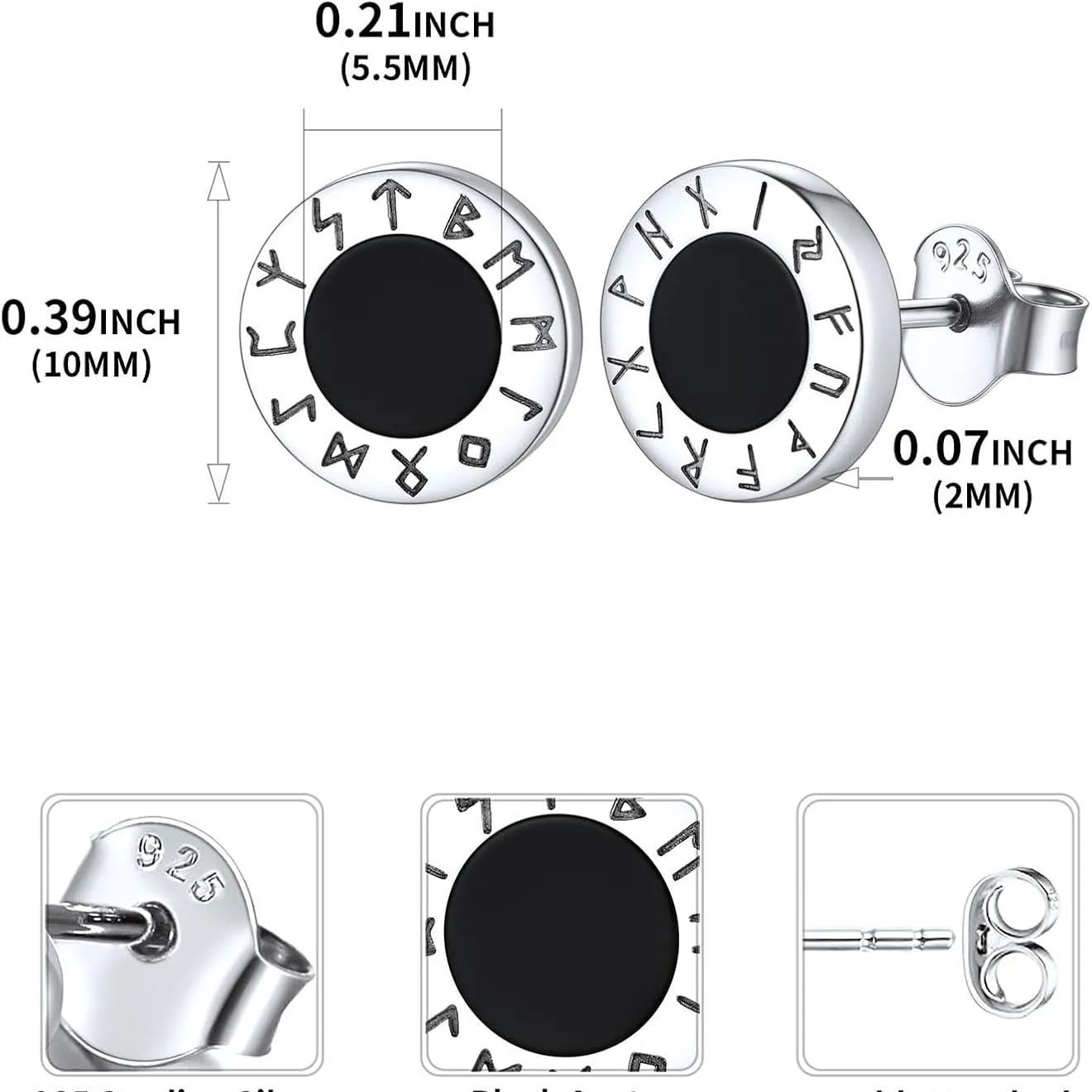 Viking Front Rune Outer Ring Black Onyx Stud Earrings Details: Dimensions, Hypoallergenic, Push Back Finding