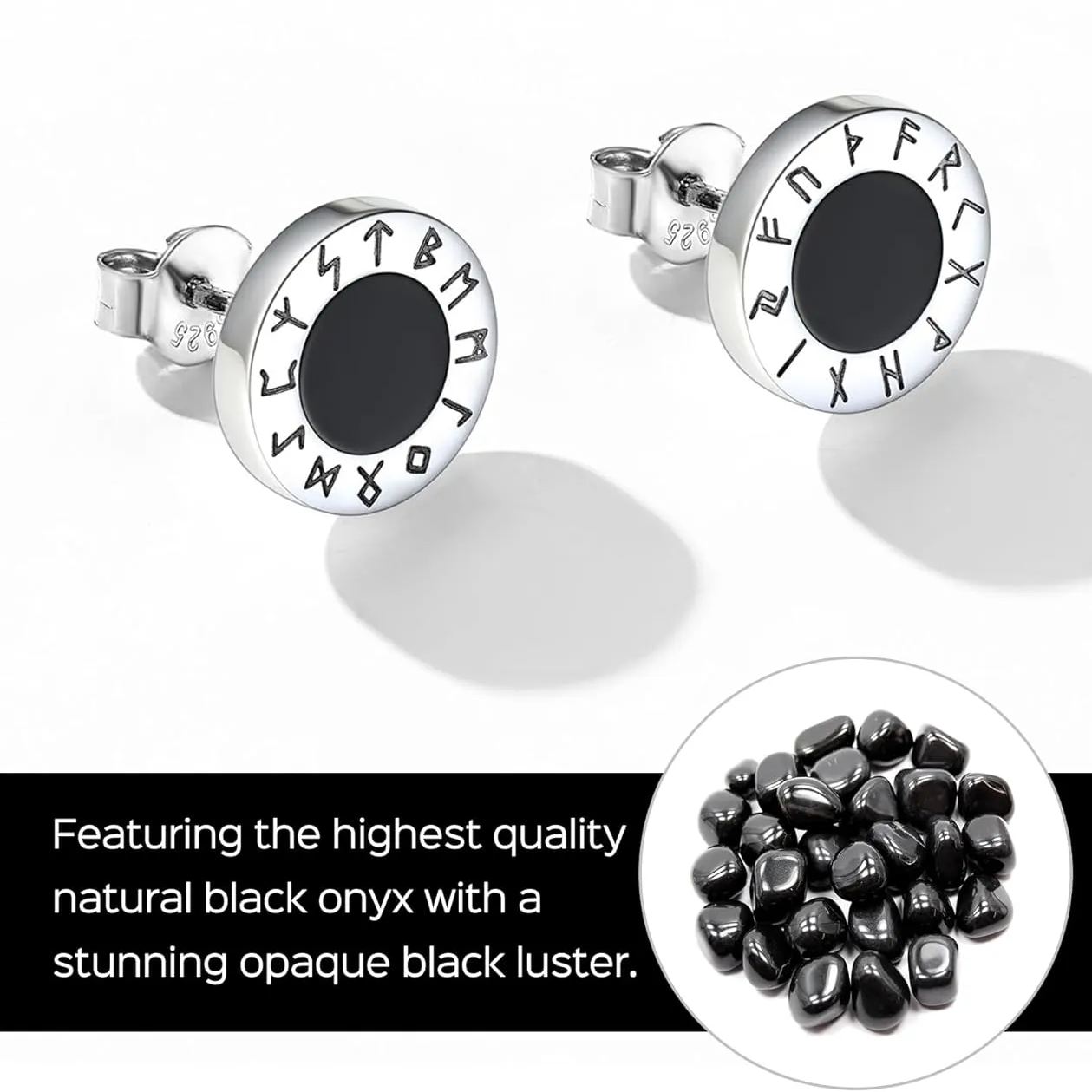 Viking Front Rune Outer Ring Black Onyx Stud Earrings, Natural Black Onyx Earrings