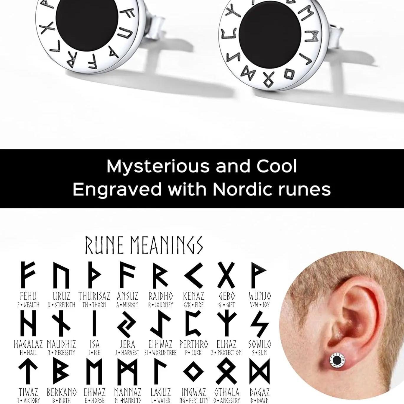 Viking Front Rune Outer Ring Black Onyx Stud Earrings in Different Rune Style