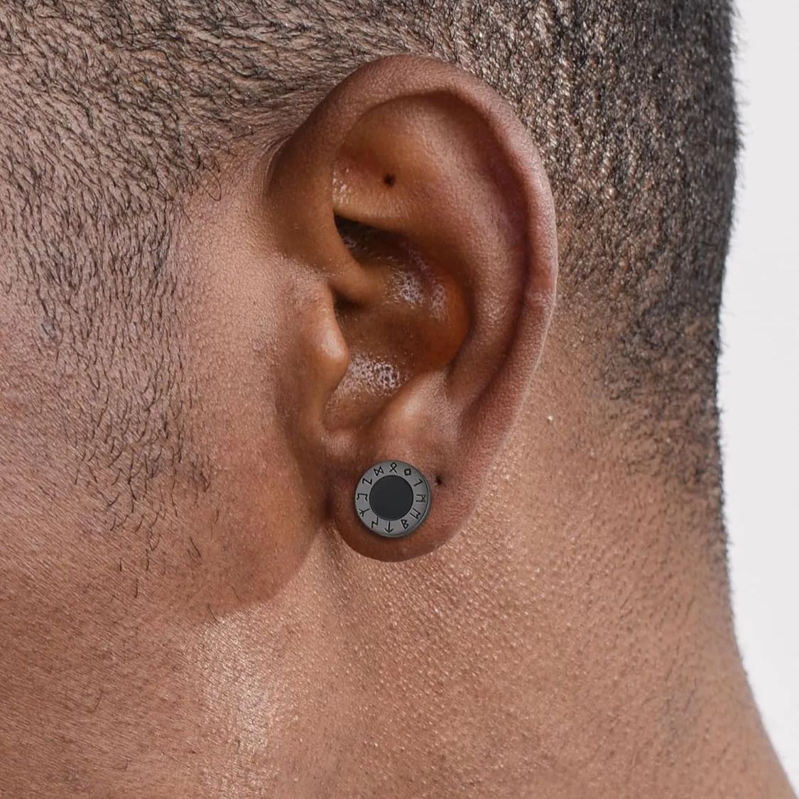 Viking Front Rune Outer Ring Black Onyx Stud Earrings for Men