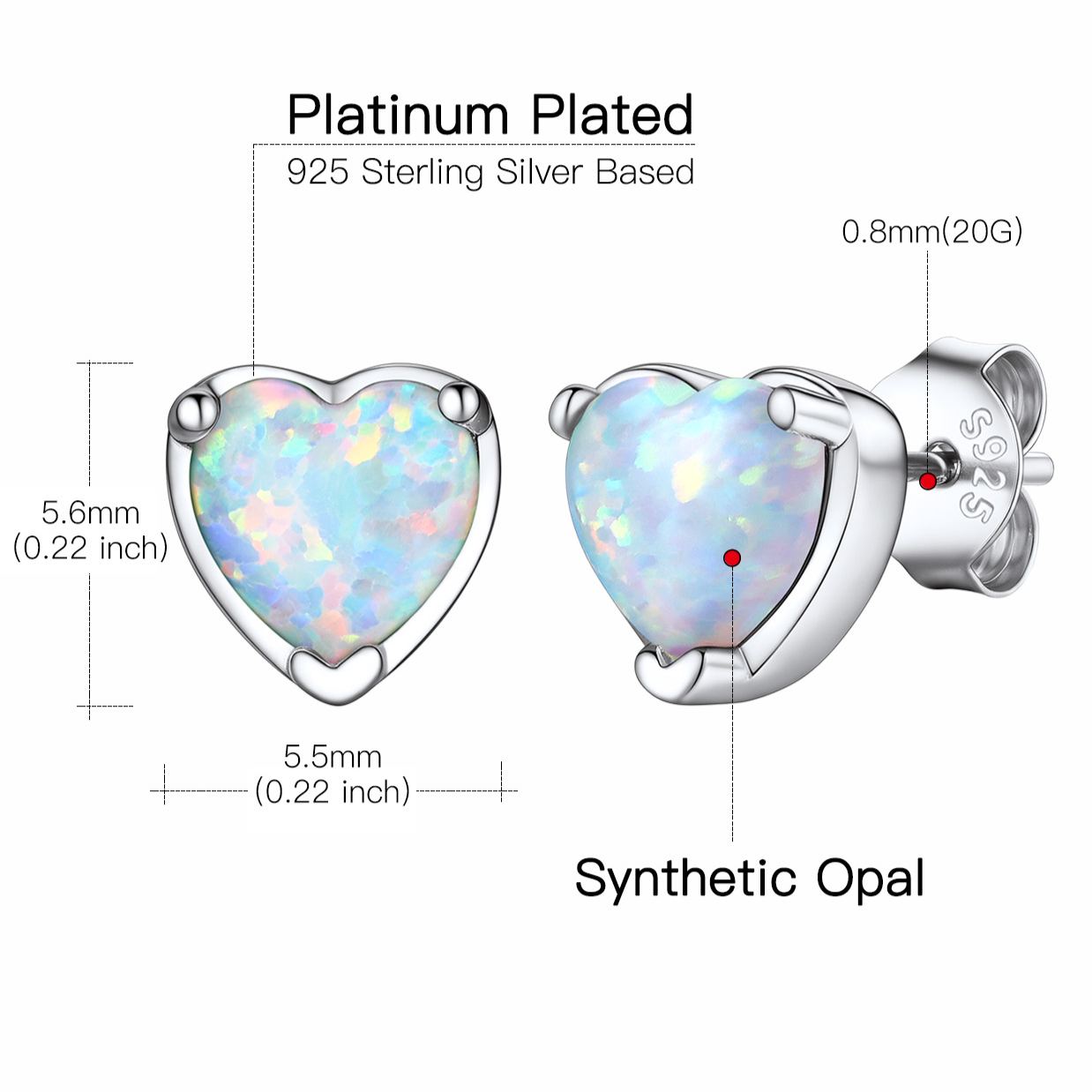 Sterling Silver Heart Opal Stud Earrings for Her