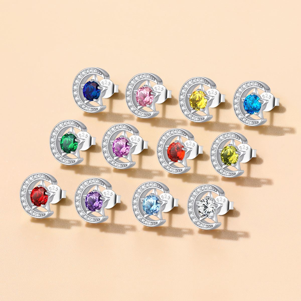 Sterling Silver Moon Star Birthstone Stud Earrings for Her