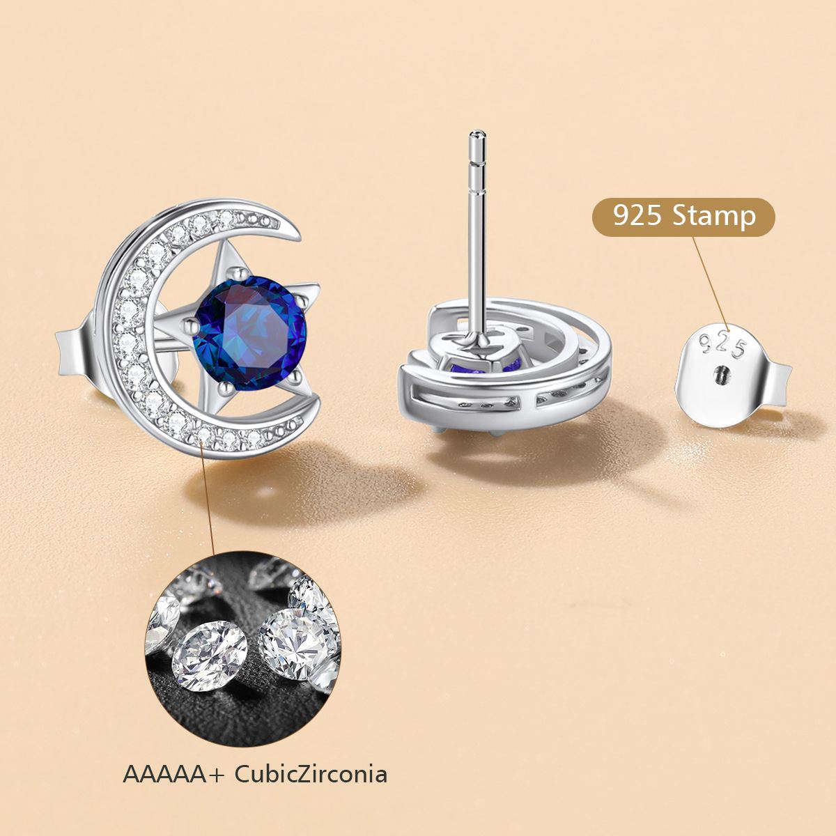 Sterling Silver Moon Star Birthstone Stud Earrings for Her