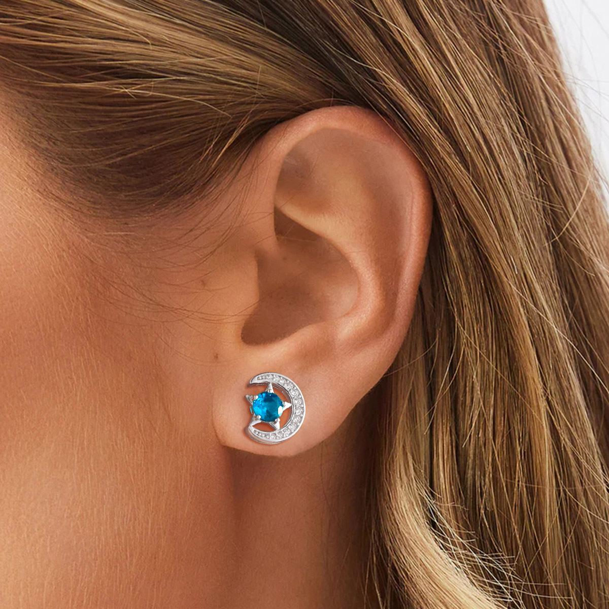Sterling Silver Moon Star Birthstone Stud Earrings for Her