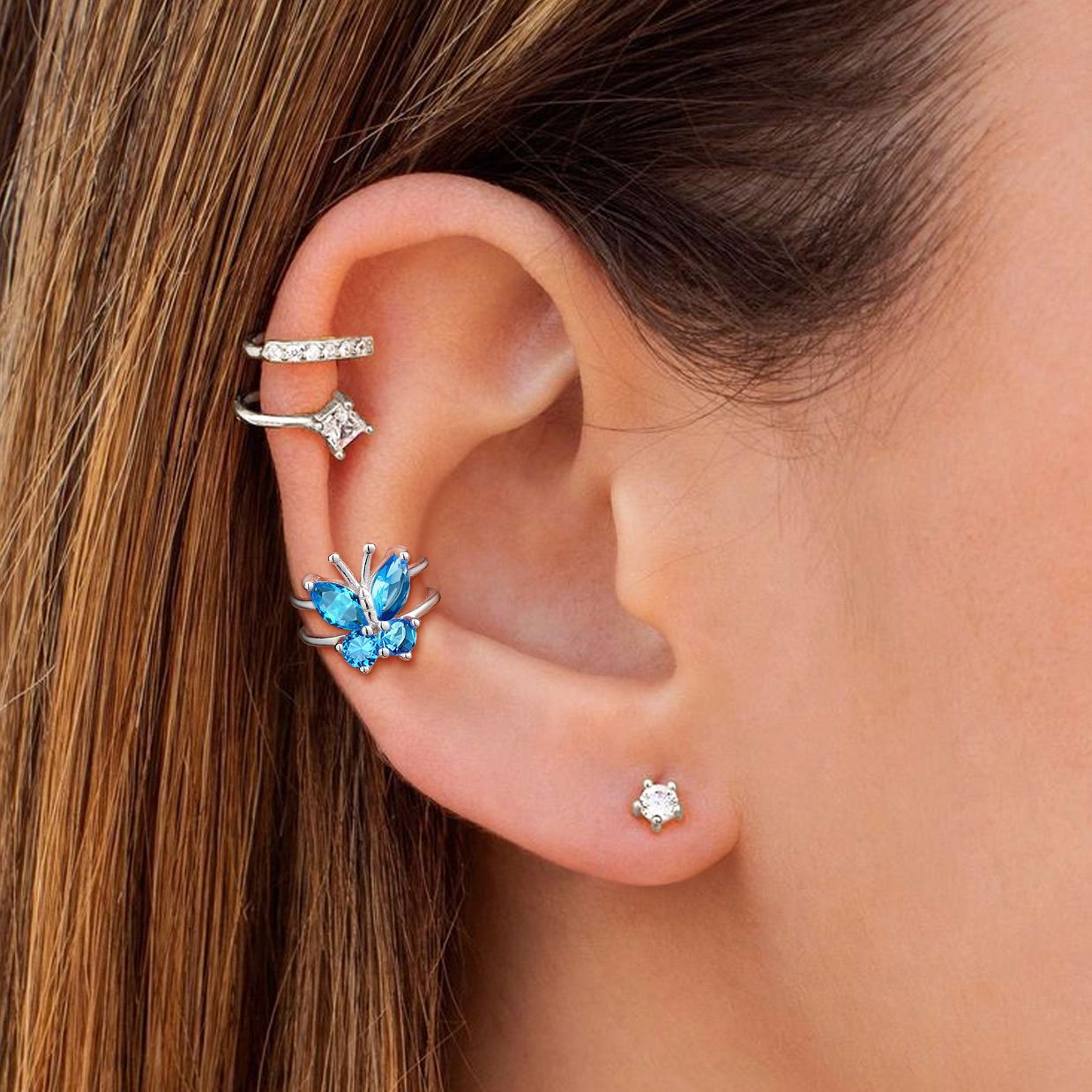 Silver Birthstone Butterfly Cuffs Clip-On Earrings For Her