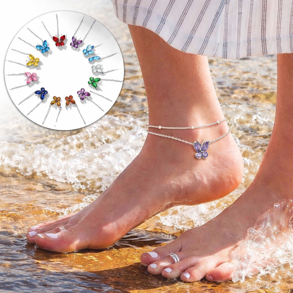 Adjustable Layered Butterfly Birthstone Anklet for Women, Ladies in Different Colors