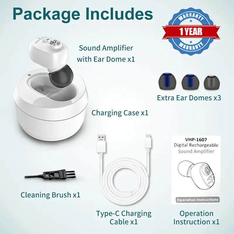 Einkanal-Hörgerät mit Ladestation, einstellbarer Lautstärke und Geräuschunterdrückung sowie digitalem Verstärker mit USB-Stromversorgung