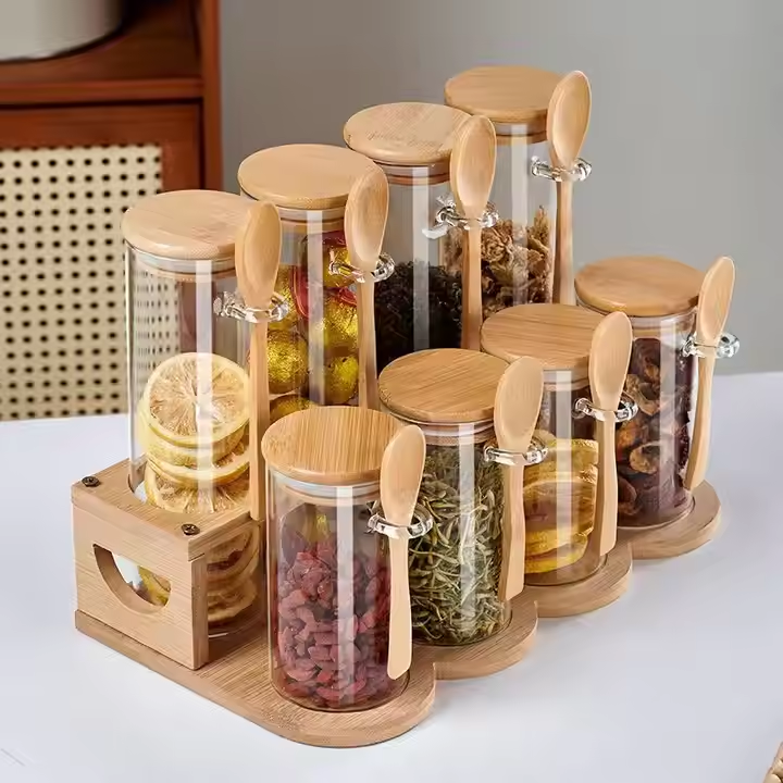 Glass Meal Prep Jars Bamboo Lids Spoons Overnight Oats Breakfast Snacks Containers Chia Seed Pudding Storage