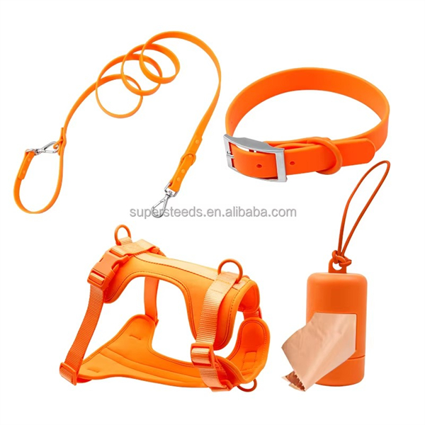 Waterproof PVC Coated Polyester Neoprene Padded Dog Harness Set Pet Poop Bag Holder Dispenser Dog Collar and Leash Set