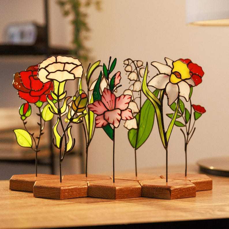 Stained Glass Flower Suncatcher Table Decor Personalized Gift