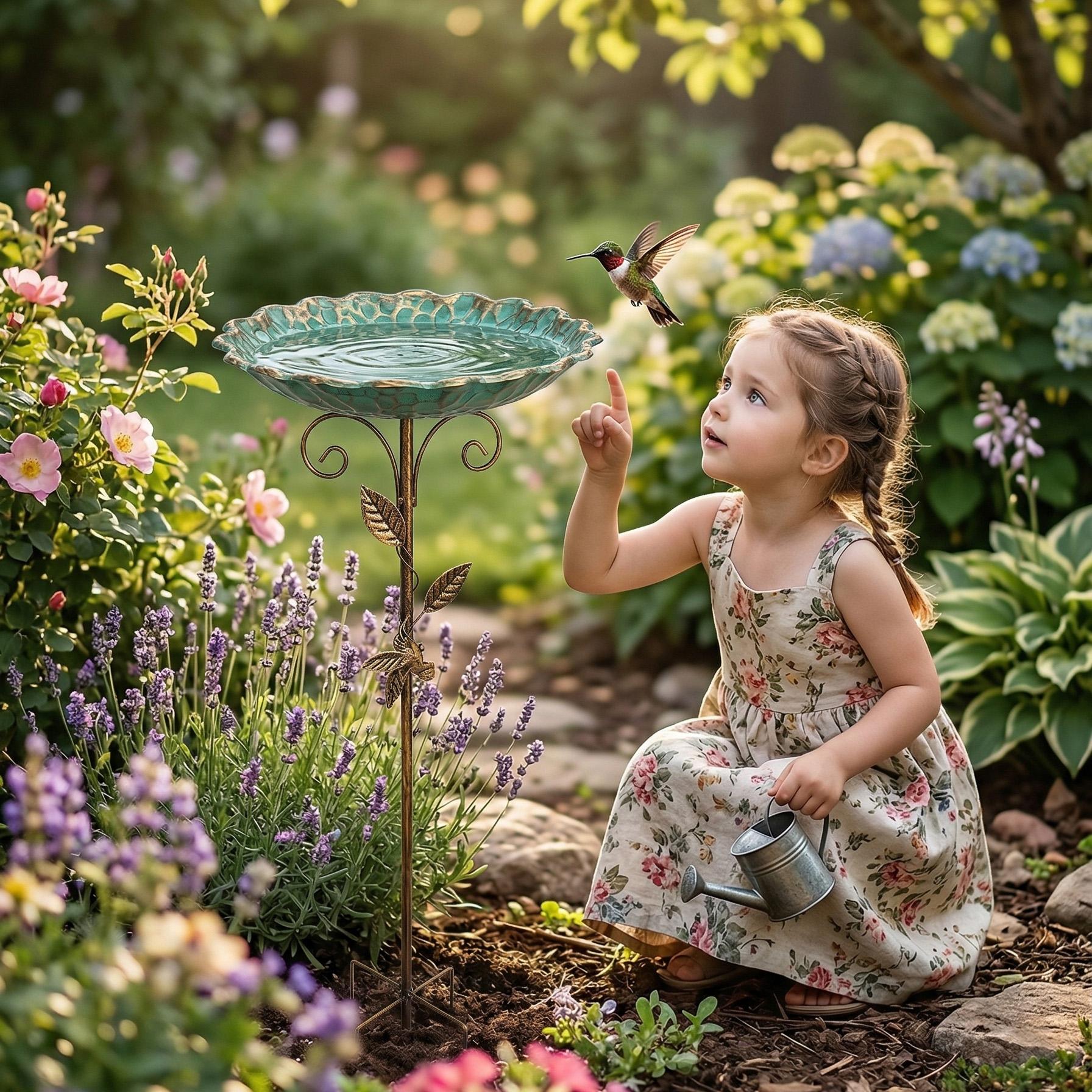 Stylish Turquoise Bird Bath/Feeder&ndash; Premium Stone Textured Design with Gold Hummingbird, Ideal Garden Decor & Thoughtful Holiday Gift