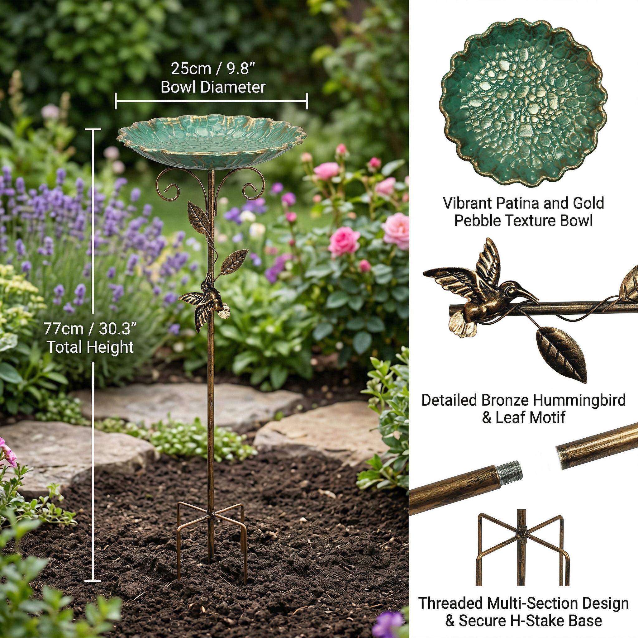 Stylish Turquoise Bird Bath/Feeder&ndash; Premium Stone Textured Design with Gold Hummingbird, Ideal Garden Decor & Thoughtful Holiday Gift