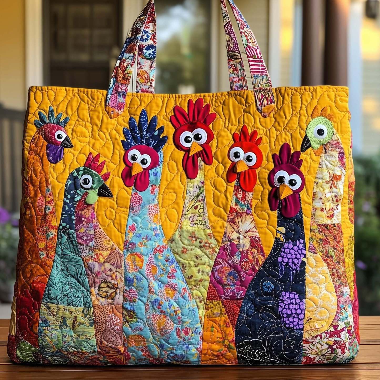 Vibrant Patchwork Chicken Quilted Tote Bag – Colorful Farmhouse Style Carryall